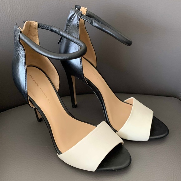 Zara Black & White Leather Summer High Heel SANDALS - Like New - Picture 2 of 11